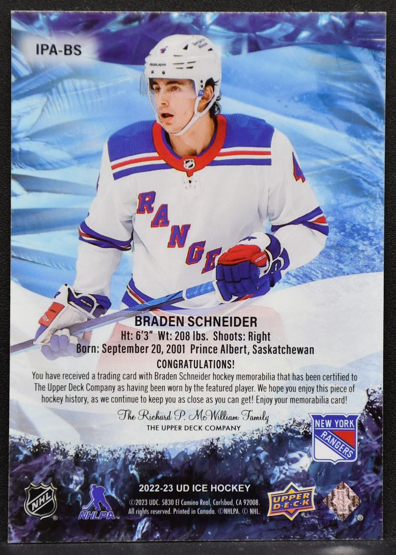 22-23 UD Ice Premieres Jerseys Braden Schneider IPA-BS Rangers RC Jersey 6133