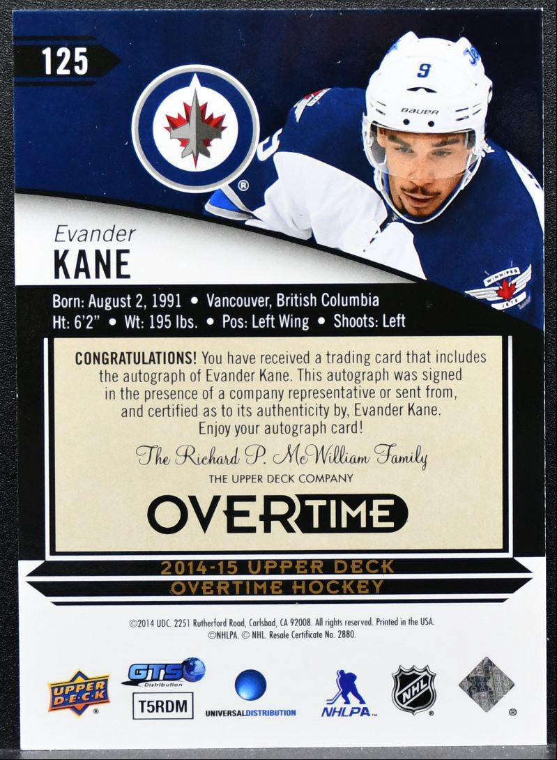 2014-15 Upper Deck Overtime Autographs Evander Kane 125 Winnipeg Jets Auto 0482