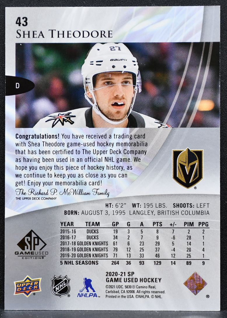 2020-21 SP Game Used Silver Jersey Shea Theodore Jersey 5437