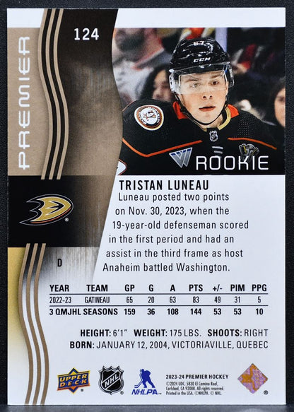 2023-24 Upper Deck Premier Rookie Tristan Luneau 124 Ducks RC 152/199 1860