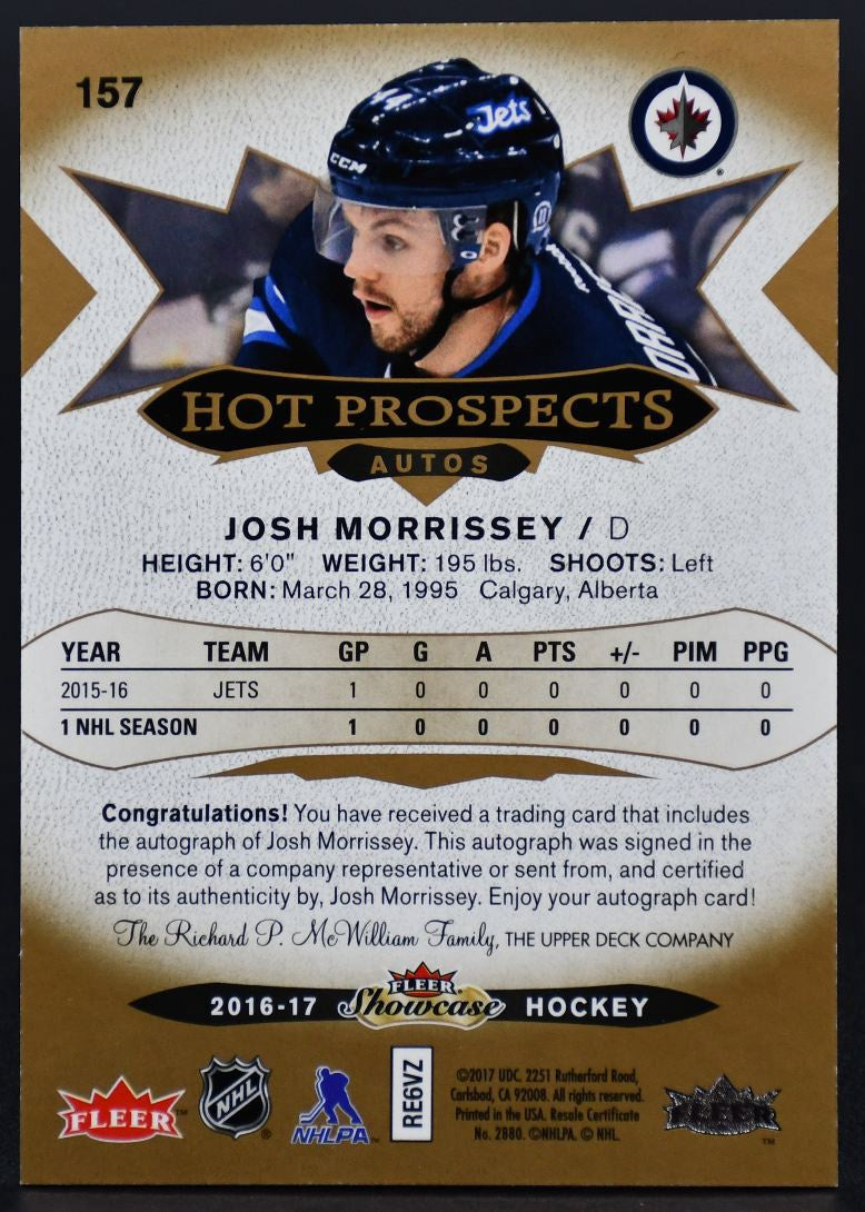 2016-17 Fleer Showcase Josh Morrissey 157 Winnipeg Jets RC Auto 041/499