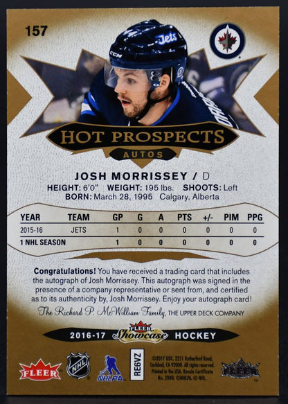 2016-17 Fleer Showcase Josh Morrissey 157 Winnipeg Jets RC Auto 041/499