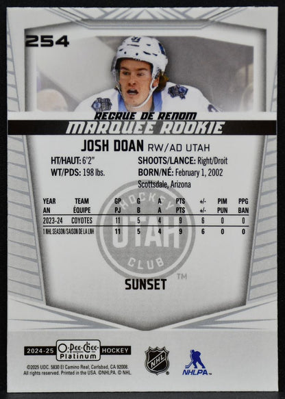 2024-25 O-Pee-Chee Platinum Marquee Rookie Sunset Josh Doan 254 Coyotes RC 6849