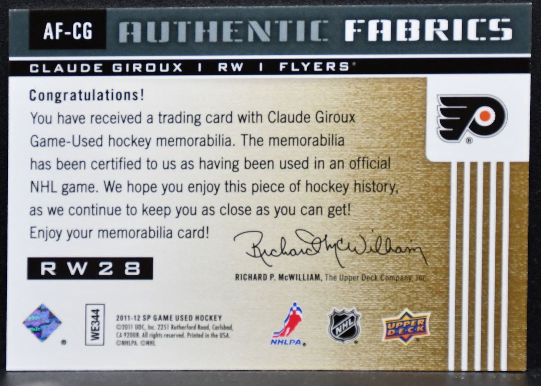 2011-12 SP Game Used Authentic Fabrics Claude Giroux AF-CG Flyers Jersey 5320