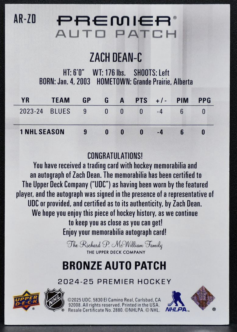 2024-25 UD Premier Acetate Rookie Bronze Auto Patch Zach Dean RC Auto Patch 7910