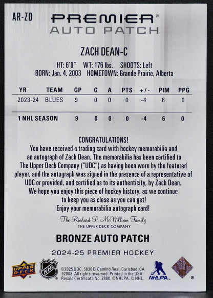 2024-25 UD Premier Acetate Rookie Bronze Auto Patch Zach Dean RC Auto Patch 7910