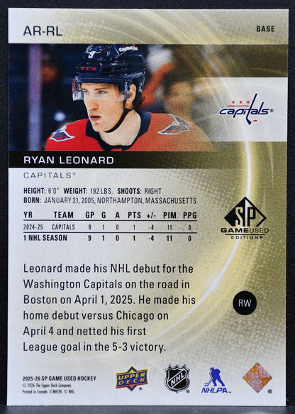 2025-26 SP Game Used Authentic Rookies Ryan Leonard Washington Capitals RC 0912