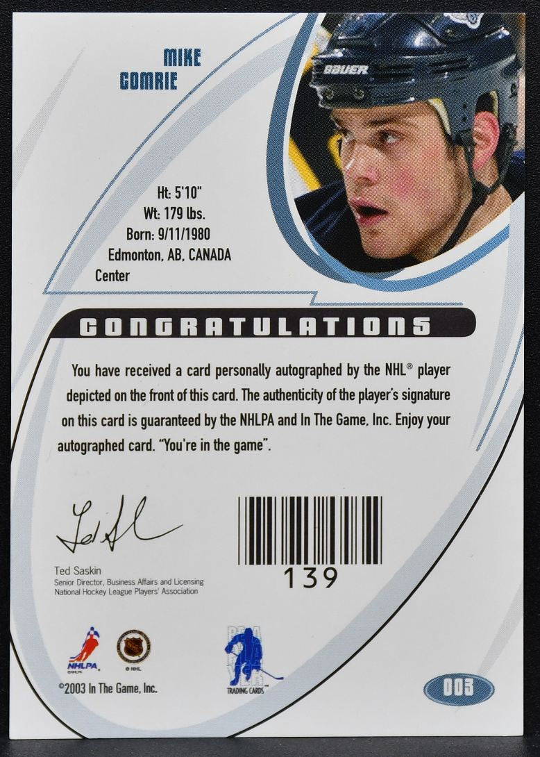 2002-03 In The Game Signature Mike Comrie 003 Edmonton Oilers Auto 2216