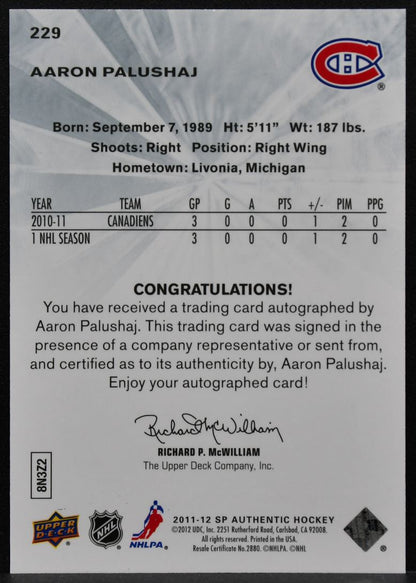 2011-12 SP Authentic Future Watch Auto Aaron Palushaj 229 RC Auto 875/999 9897
