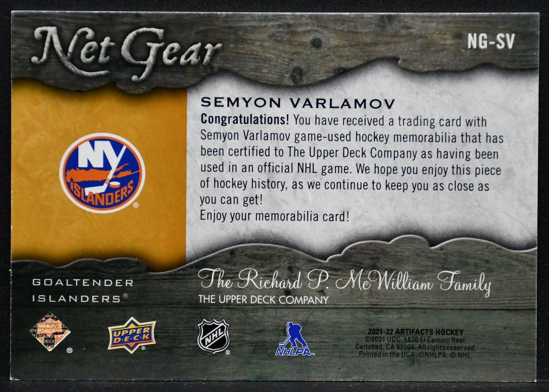 2021-22 UD Artifacts Net Gear Semyon Varlamov NG-SV New York Islanders Jersey