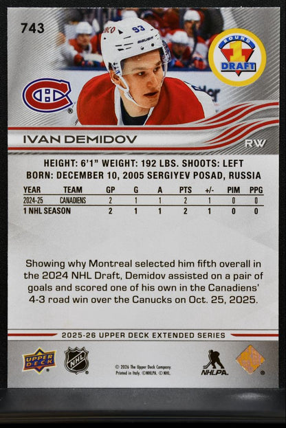 2025-26 Upper Deck Extended Series Round 1 Draft Ivan Demidov Canadiens RC 7542