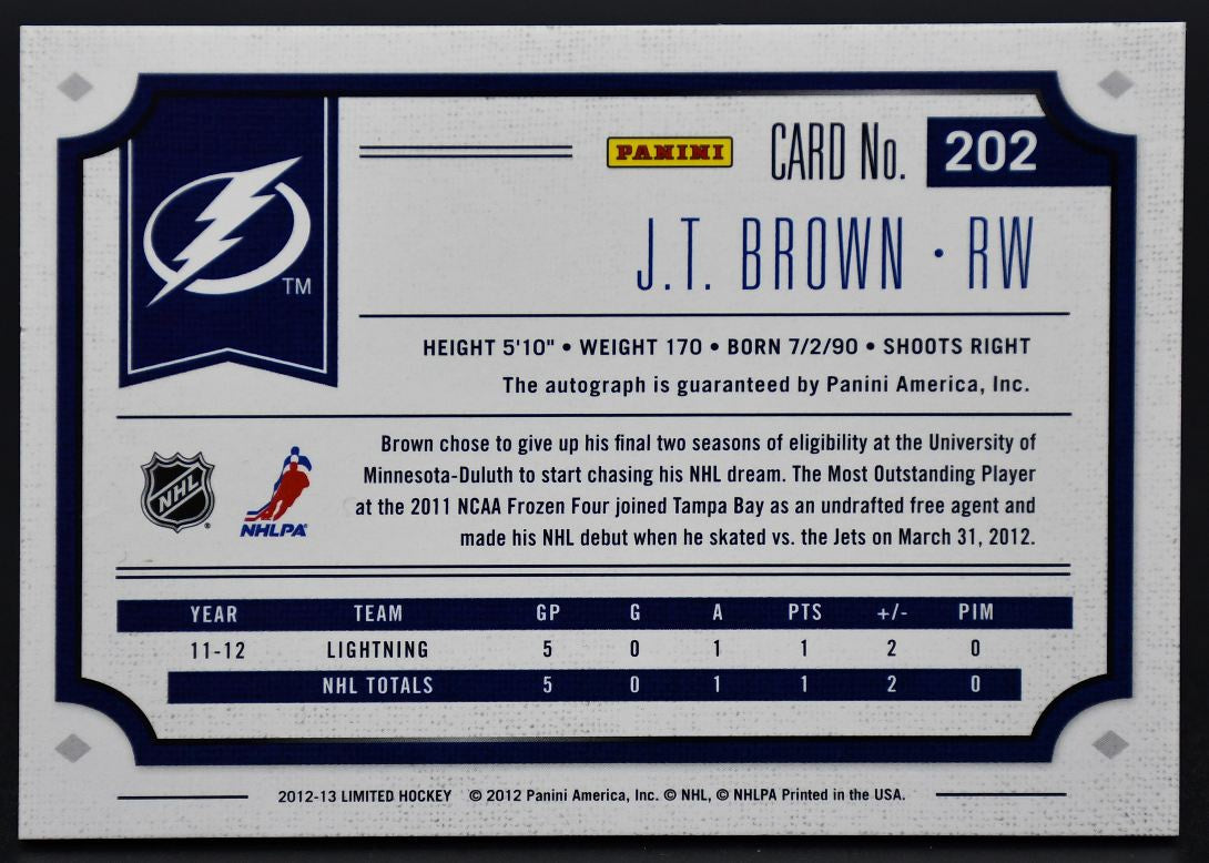 2012-13 Panini Limited J.T. Brown 202 Tampa Bay Lightning Auto 382/499 Patch