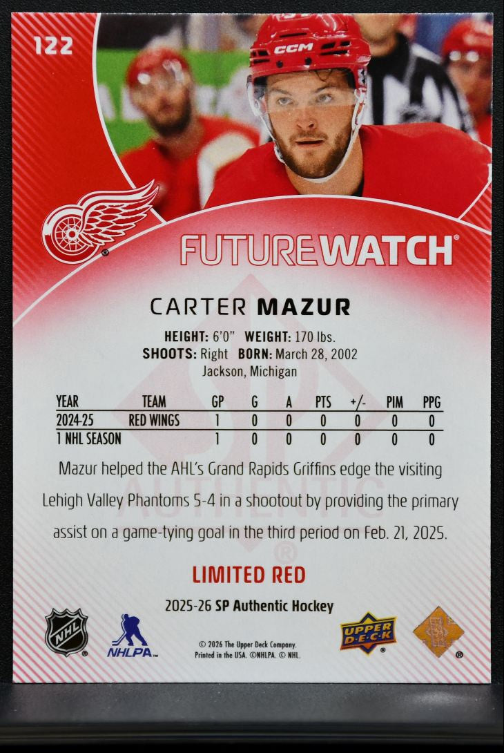 2025-26 SP Authentic Future Watch Limited Red Carter Mazur 122 Red Wings RC 3437
