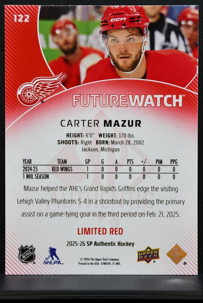 2025-26 SP Authentic Future Watch Limited Red Carter Mazur 122 Red Wings RC 3437