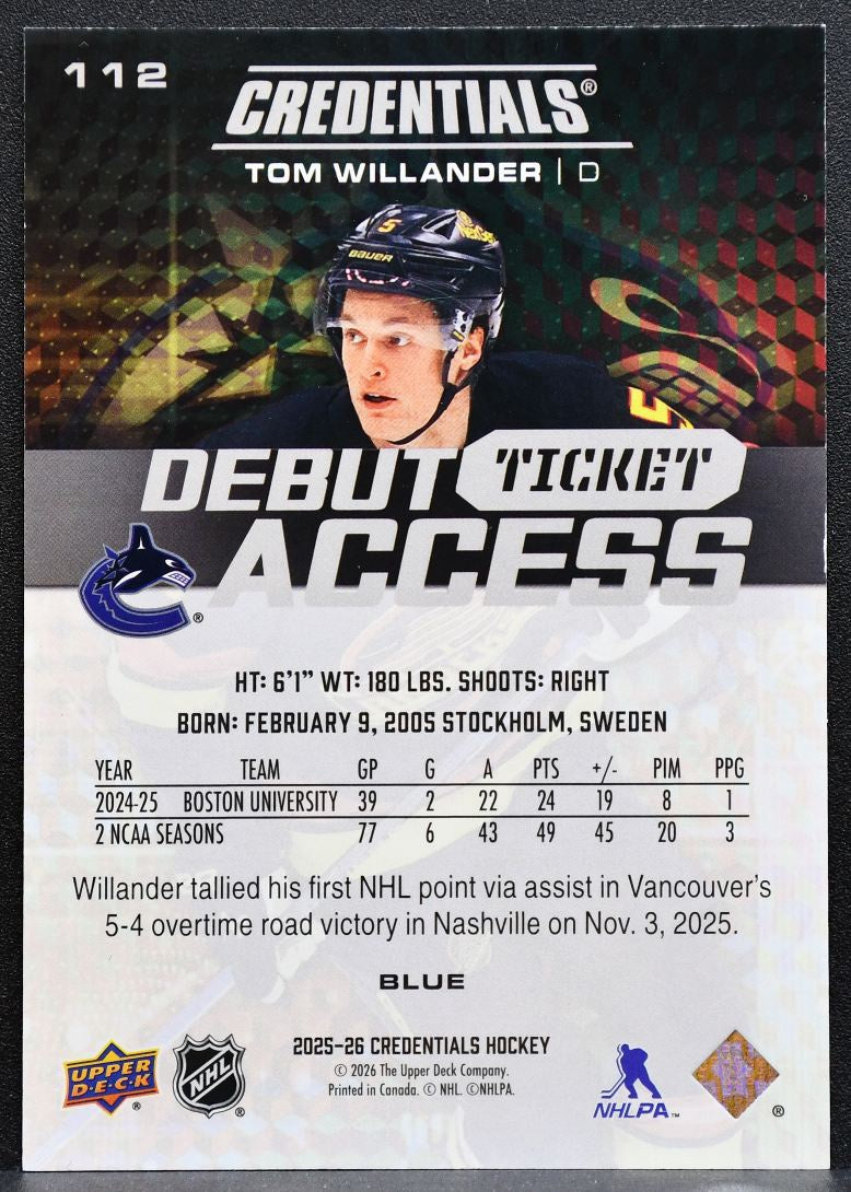 2025-26 UD Credentials Debut Ticket Access Blue Tom Willander Canucks RC 0191