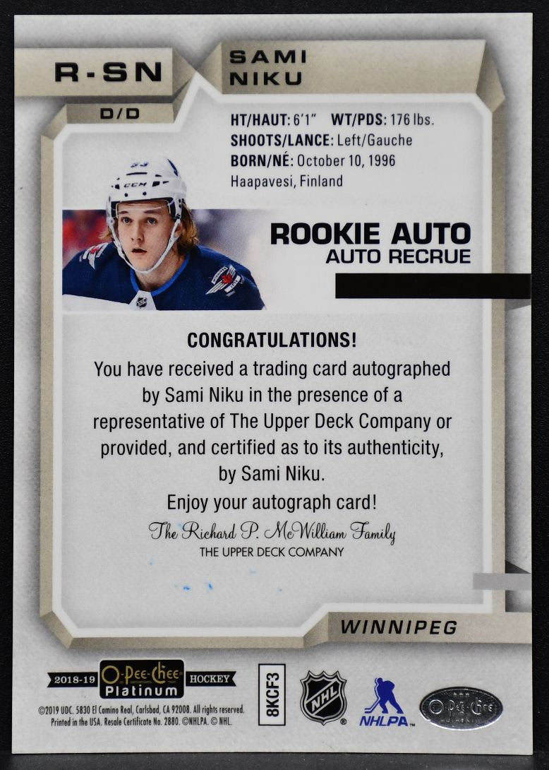 2018-19 O-Pee-Chee Platinum Rookie Auto Sami Niku R-SN Columbus RC Auto