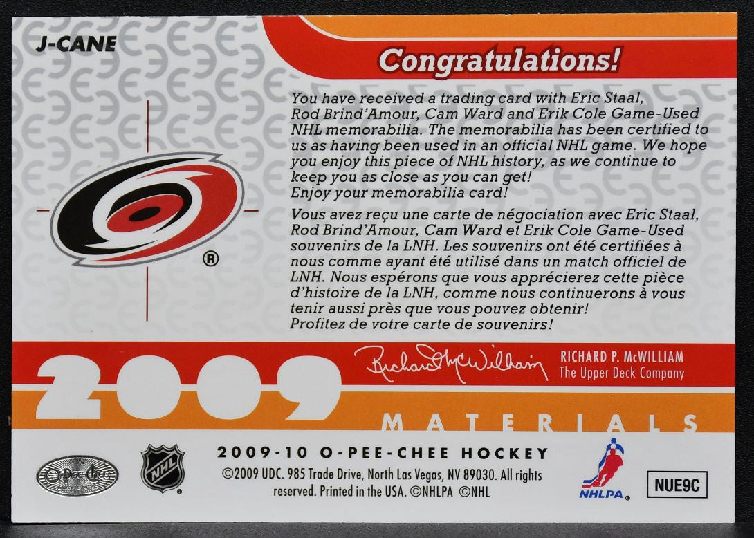 2009-10 OPC Materials Cam Ward/Eric Staal/Erik Cole/Rod Brind'Amour Jersey 7916