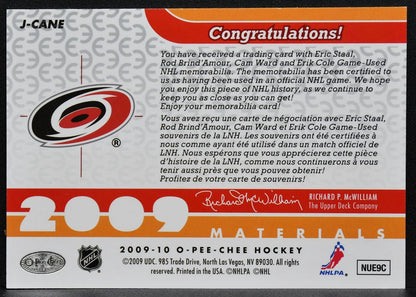 2009-10 OPC Materials Cam Ward/Eric Staal/Erik Cole/Rod Brind'Amour Jersey 7916