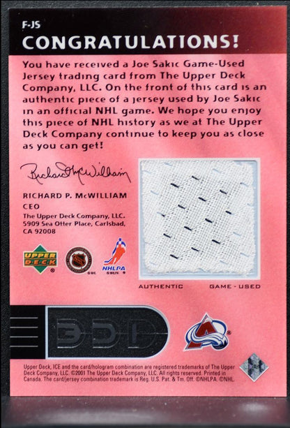 2001-02 Upper Deck Ice First Rounders Joe Sakic F-JS Avalanche Jersey 8853