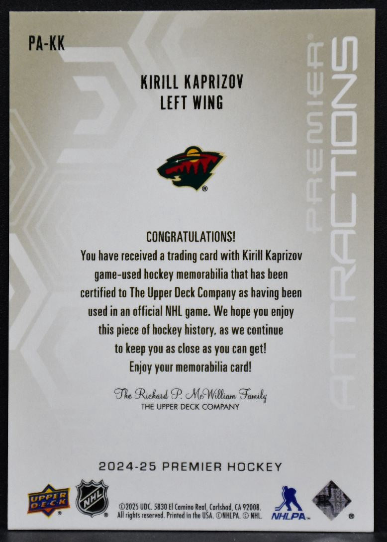 2024-25 UD Premier Kirill Kaprizov PA-KK Minnesota Wild 02/99 Jersey