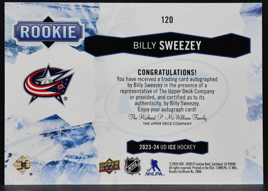 2023-24 UD Ice Rookie White Snowflake Autographs Billy Sweezey 120 RC Auto