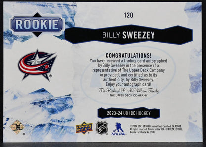 2023-24 UD Ice Rookie White Snowflake Autographs Billy Sweezey 120 RC Auto