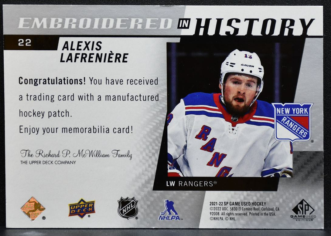 2021-22 SP Game Used Embroidered in History Alexis Lafreniere 22 Rangers 0429