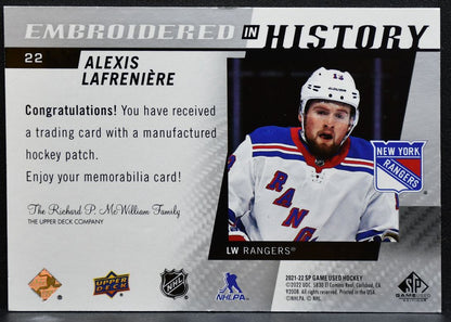 2021-22 SP Game Used Embroidered in History Alexis Lafreniere 22 Rangers 0429