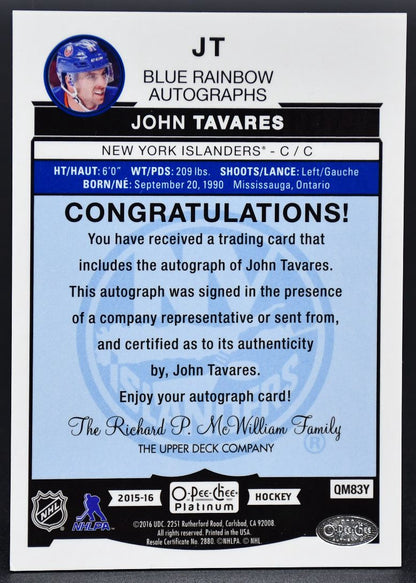 Autographes John Tavares JT (2015-16 OPC Platinum Blue Rainbow)