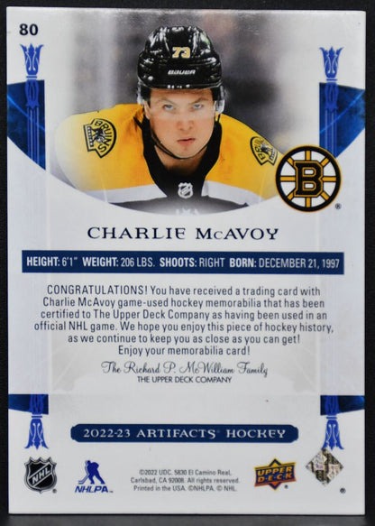 2022-23 UD Artifacts Blue Material Charlie McAvoy 80 Boston Bruins 10/65 Patch 2876