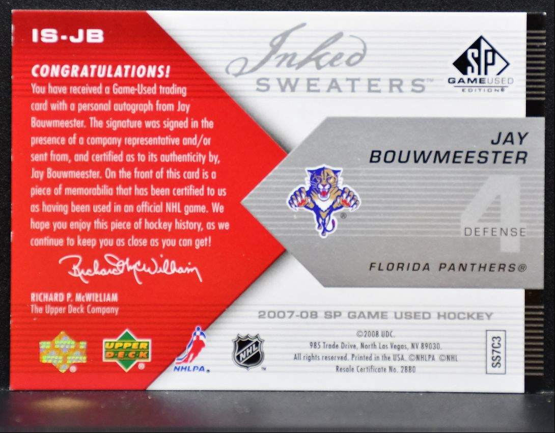 2007-08 SP Game Used Inked Sweaters Jay Bouwmeester Auto 19/50 Jersey 9519