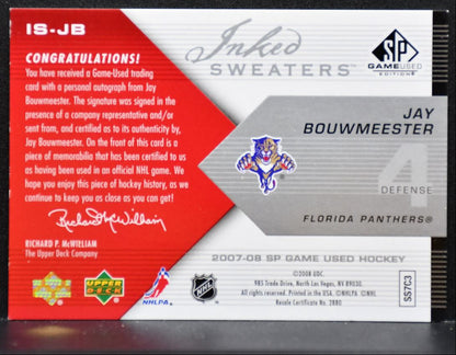 2007-08 SP Game Used Inked Sweaters Jay Bouwmeester Auto 19/50 Jersey 9519