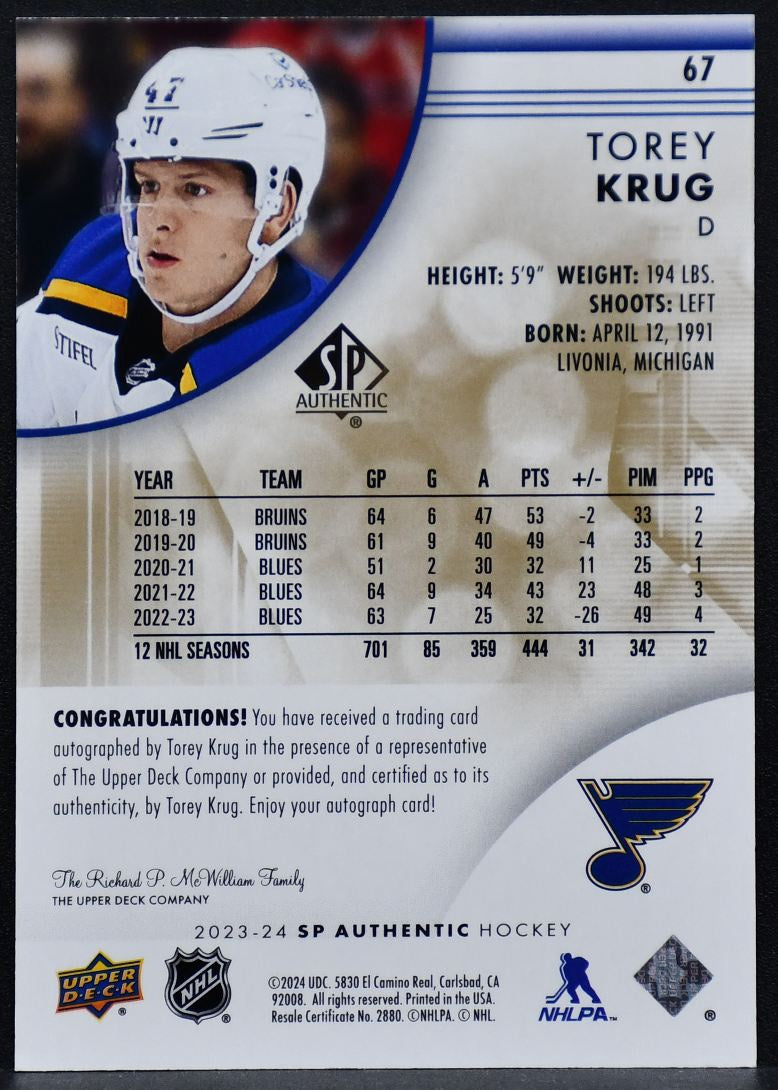 2023-24 SP Authentic Limited Auto Torey Krug 67 St. Louis Blues Auto