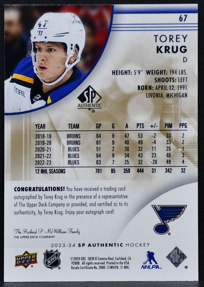 2023-24 SP Authentic Limited Auto Torey Krug 67 St. Louis Blues Auto