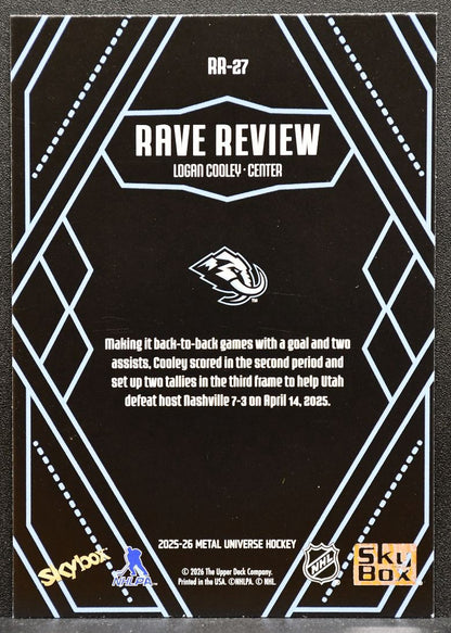 2025-26 SkyBox Metal Universe Rave Review Logan Cooley RR-27 Utah Mammoth 9669