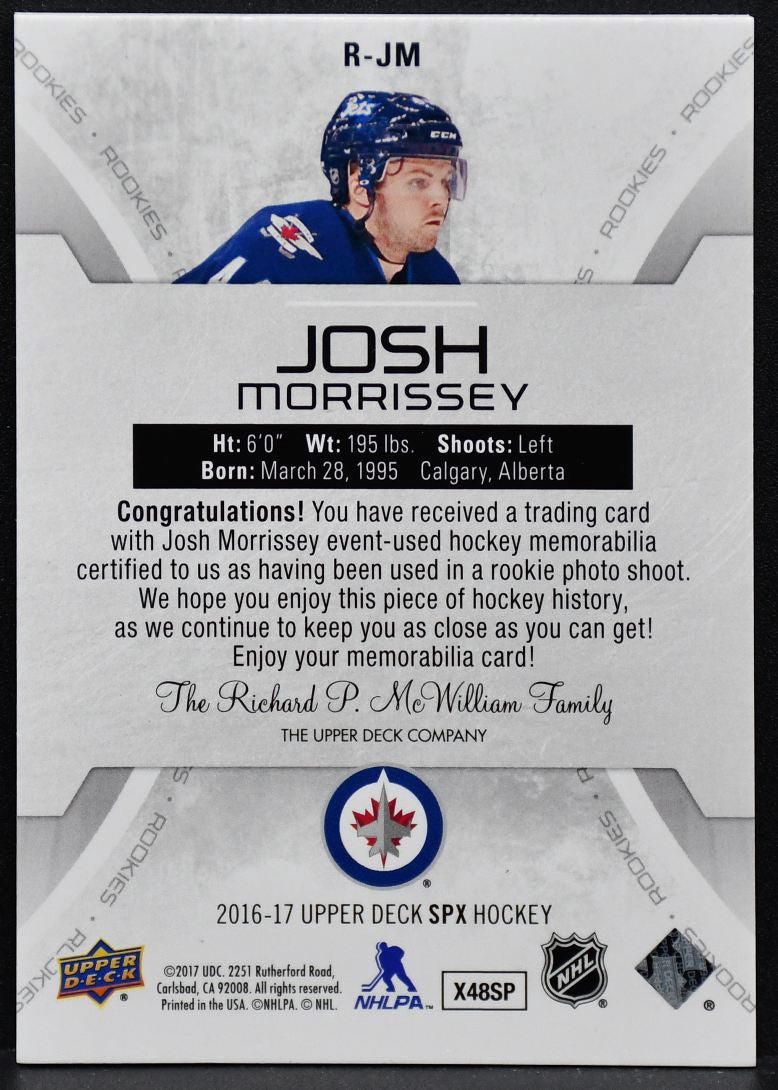 2016-17 SPx Rookies Jersey Josh Morrissey R-JM Winnipeg Jets RC Jersey