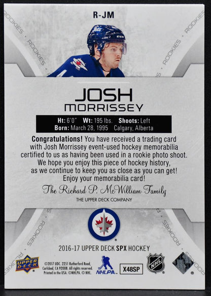 2016-17 SPx Rookies Jersey Josh Morrissey R-JM Winnipeg Jets RC Jersey