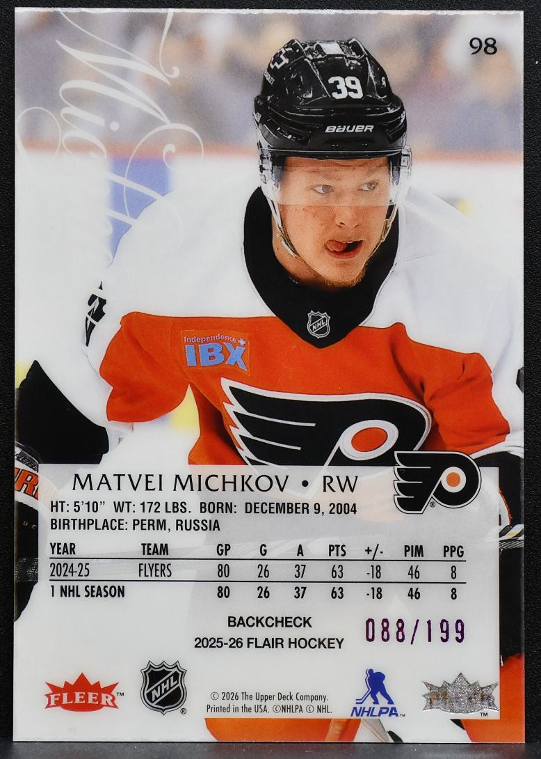 2025-26 Flair Backcheck Variant Matvei Michkov 98 Flyers 088/199 0634