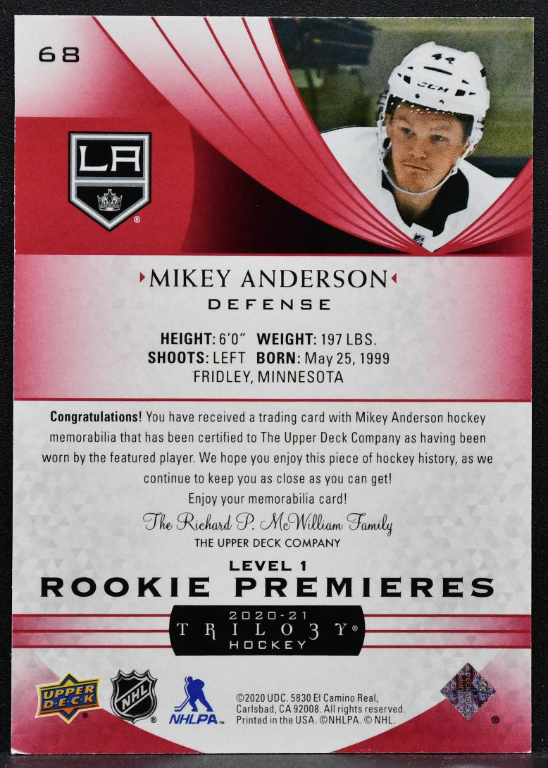 2020-21 UD Trilogy Rookie Premieres Red Foil Mikey Anderson Kings RC Jersey 6880