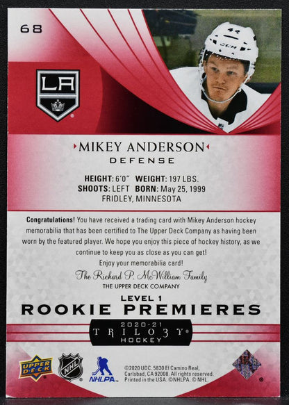 2020-21 UD Trilogy Rookie Premieres Red Foil Mikey Anderson Kings RC Jersey 6880