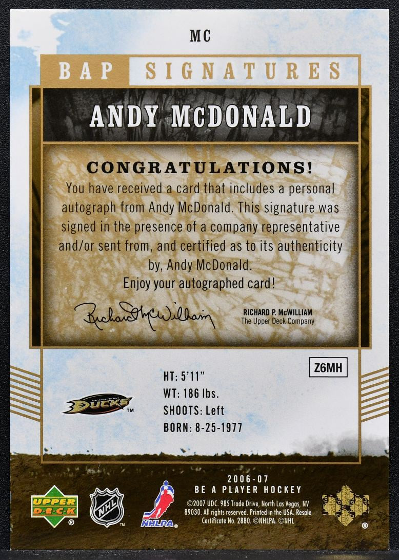 2006-07 Upper Deck BAP Signatures Andy McDonald MC Anaheim Ducks Auto 4310