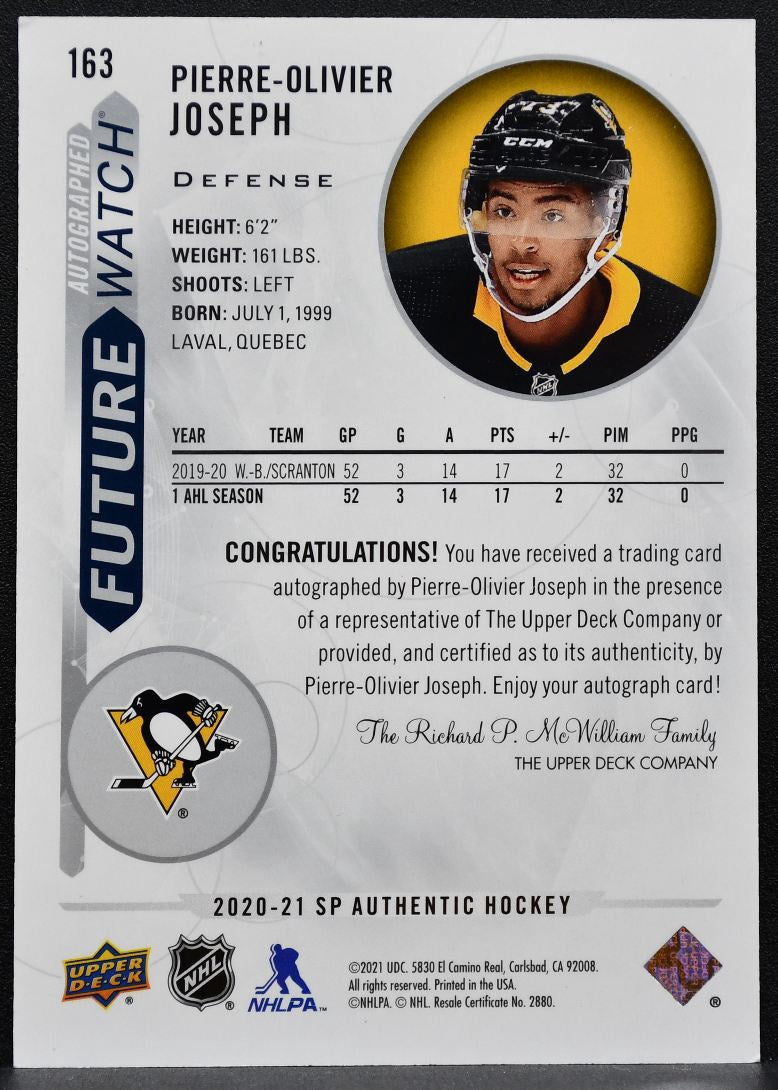 2020-21 SP Authentic Future Watch Auto Joseph Penguins RC Auto 2270