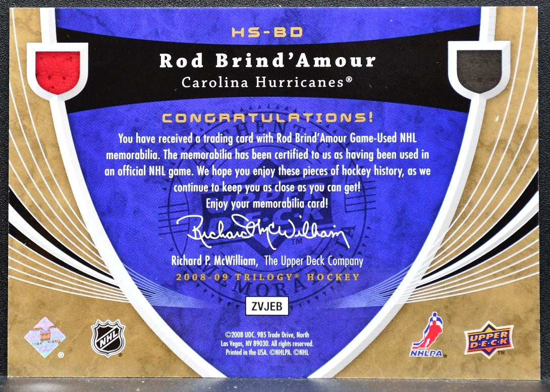 2008-09 UD Trilogy Honorary Swatches Rod Brind'Amour Hurricanes Jersey 9068