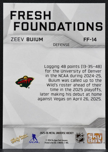 2025-26 SkyBox Metal Universe Fresh Foundation Zeev Buium FF-14 Wild RC 1969