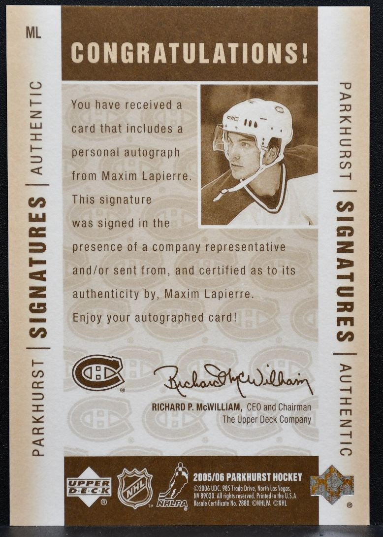 2005-06 Upper Deck Parkhurst Signatures Maxim Lapierre ML Canadiens Auto 9763