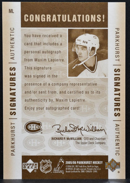 2005-06 Upper Deck Parkhurst Signatures Maxim Lapierre ML Canadiens Auto 9763