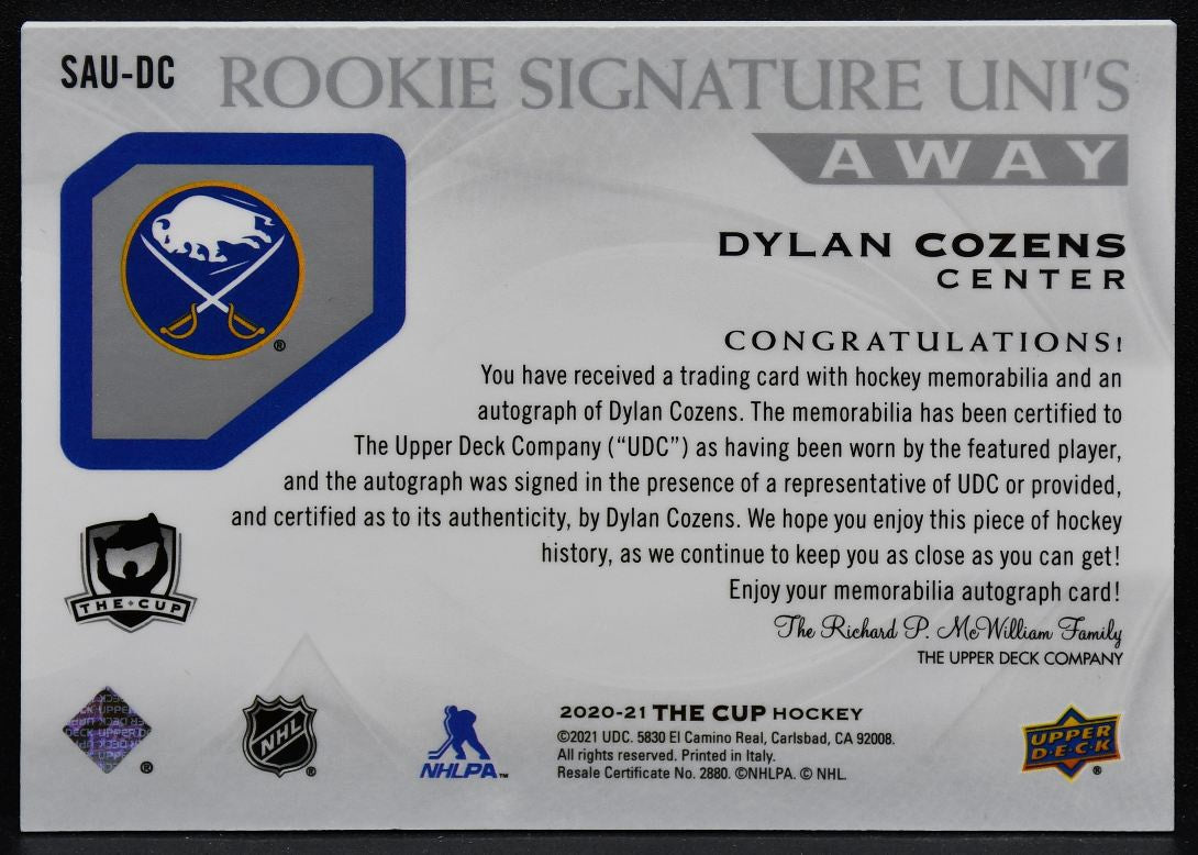 2020-21 UD RC Uni's Away Dylan Cozens SAU-DC Sabres RC Auto 12/49 Patch 5330