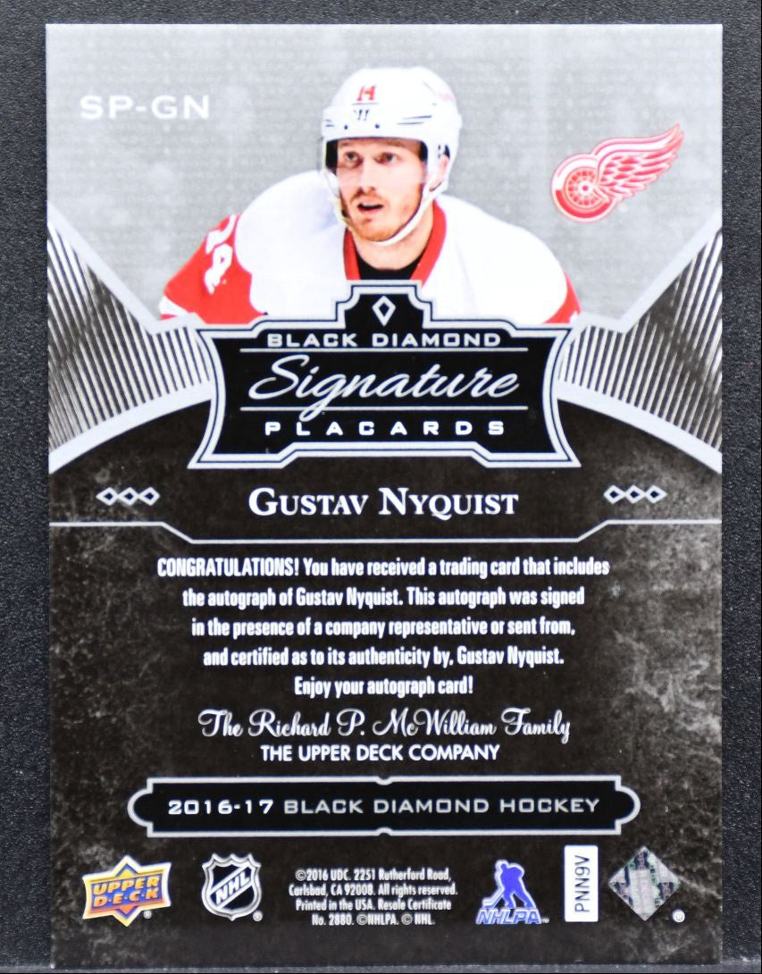 2016-17 UD Black Diamond Signature Placards Gustav Nyquist Red Wings Auto 1168