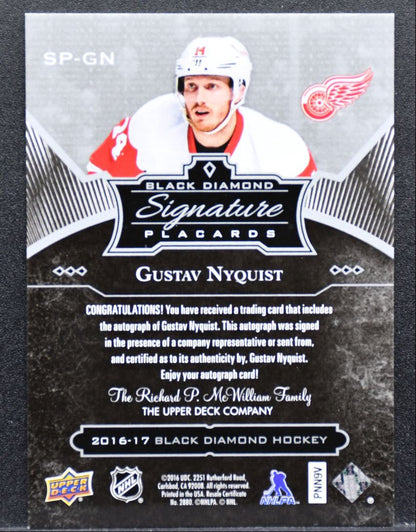 2016-17 UD Black Diamond Signature Placards Gustav Nyquist Red Wings Auto 1168