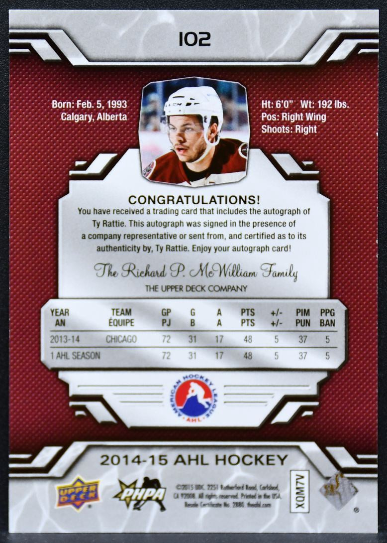 2014-15 Upper Deck AHL Auto Ty Rattie 102 Chicago Wolves Auto 6221